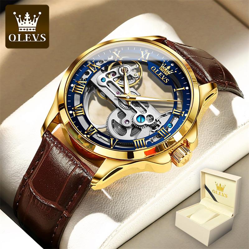 Olevs Herren-Skelett-Mechanische Armbanduhren für Herren, automatische Handuhr, Lederband, Business-Armbanduhr als Geschenk für Herren