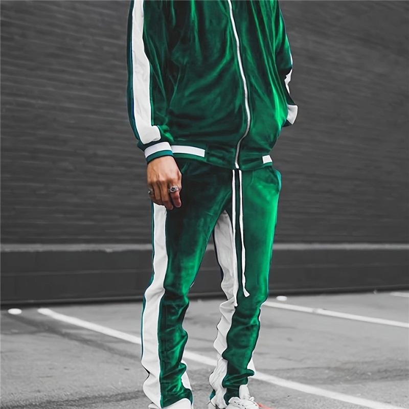 Herren Samt Sportanzug Herbst- und Winteranzug 2-teilig Jacke mit Reißverschluss Jacke Hose Sportliche Übung Freizeit L grün
