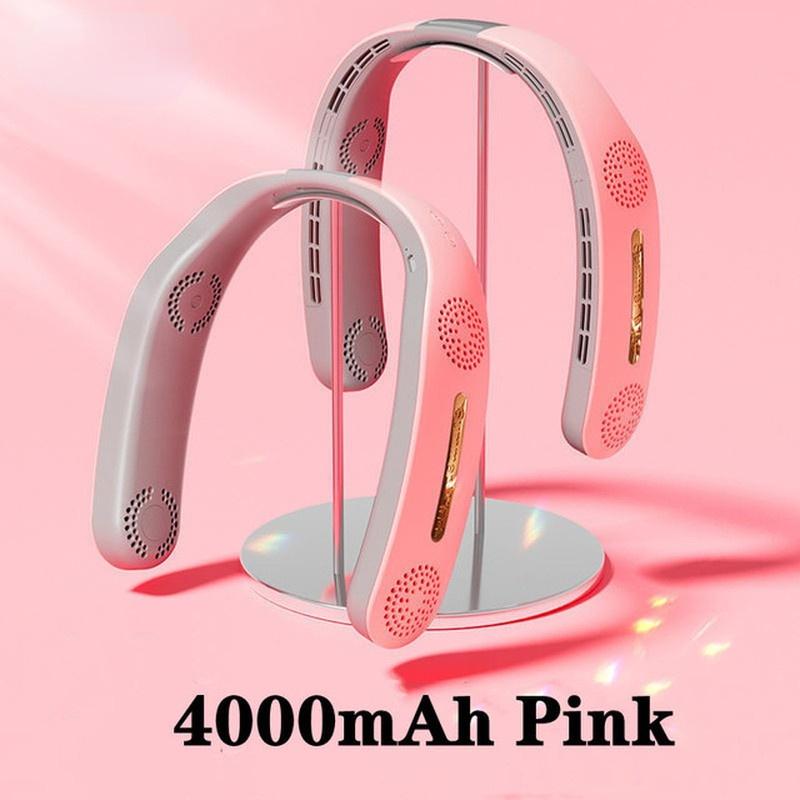 4000 mAh tragbarer, tragbarer, blattloser Ventilator, USB wiederaufladbar, blattloser Hängeventilator, Luftkühler, Kühlung, Stummschaltung, Nackenbügel-Ventilator, Klimaanlage rosa