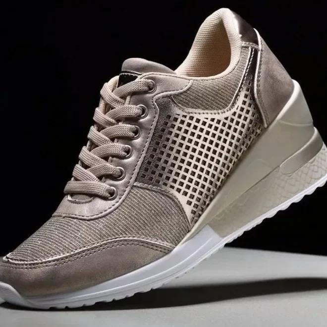 2025 Keilabsatz-Sneakers Mesh-Plateauschuhe Einfarbig Dicke Sohle Reißverschluss Vulkanisierte Schuhe für Damen-Sneakers Zapatos De Mujer 41 gold