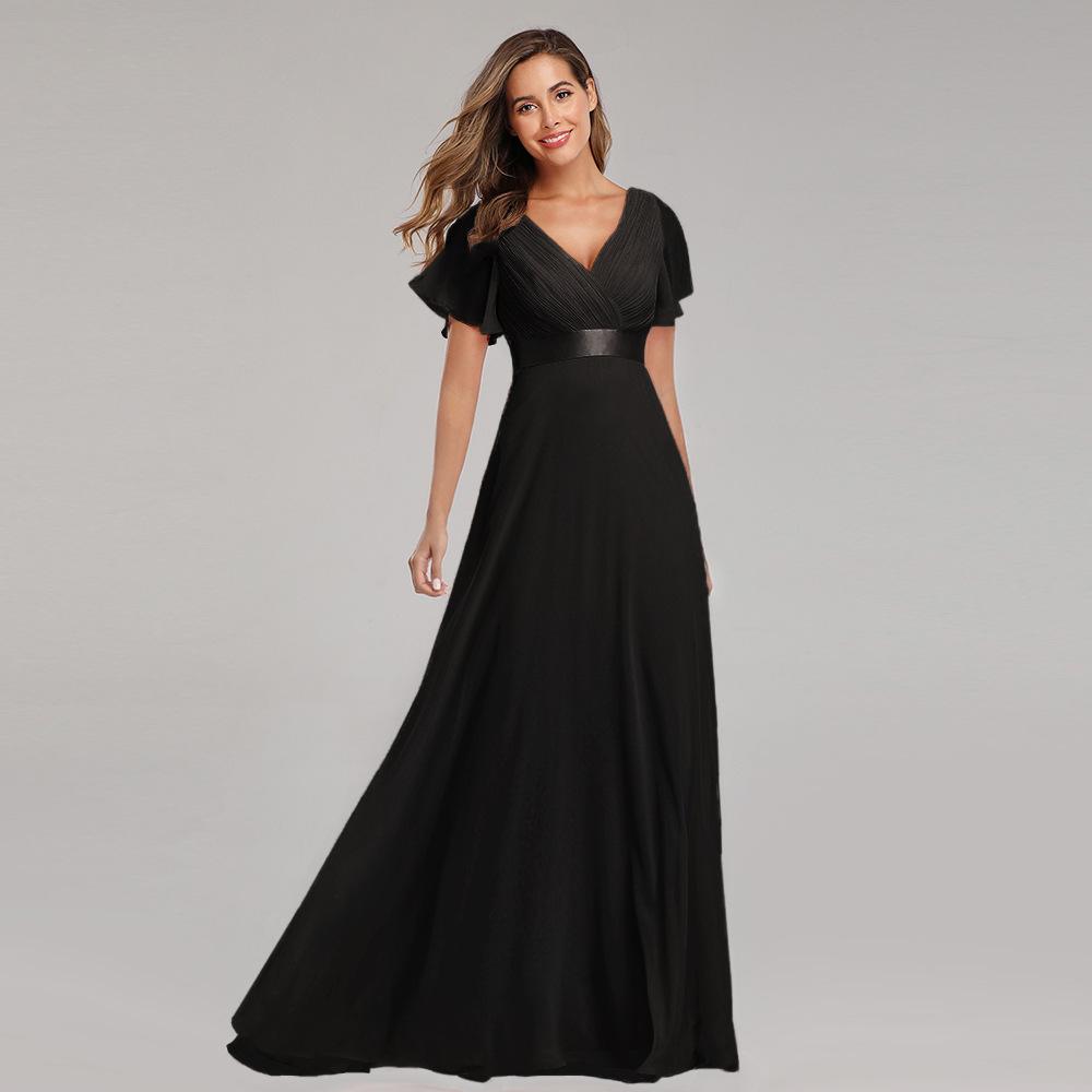 GMXIA Frühling Sommer Handgefaltetes Großes Schwingendes Doppel-V-Ausschnitt Kleid Ausgestellte Ärmel Elastischer Chiffon Bankett Brautjungfer Übergröße Abendkleid XL schwarz