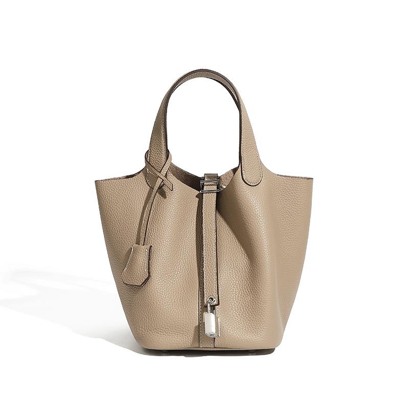 Damentasche aus echtem Leder, Gemüsekorb-Tasche, Modische Handtasche, Eimer-Tasche mit Litschi-Muster, Damen-Tasche One Size licht grau