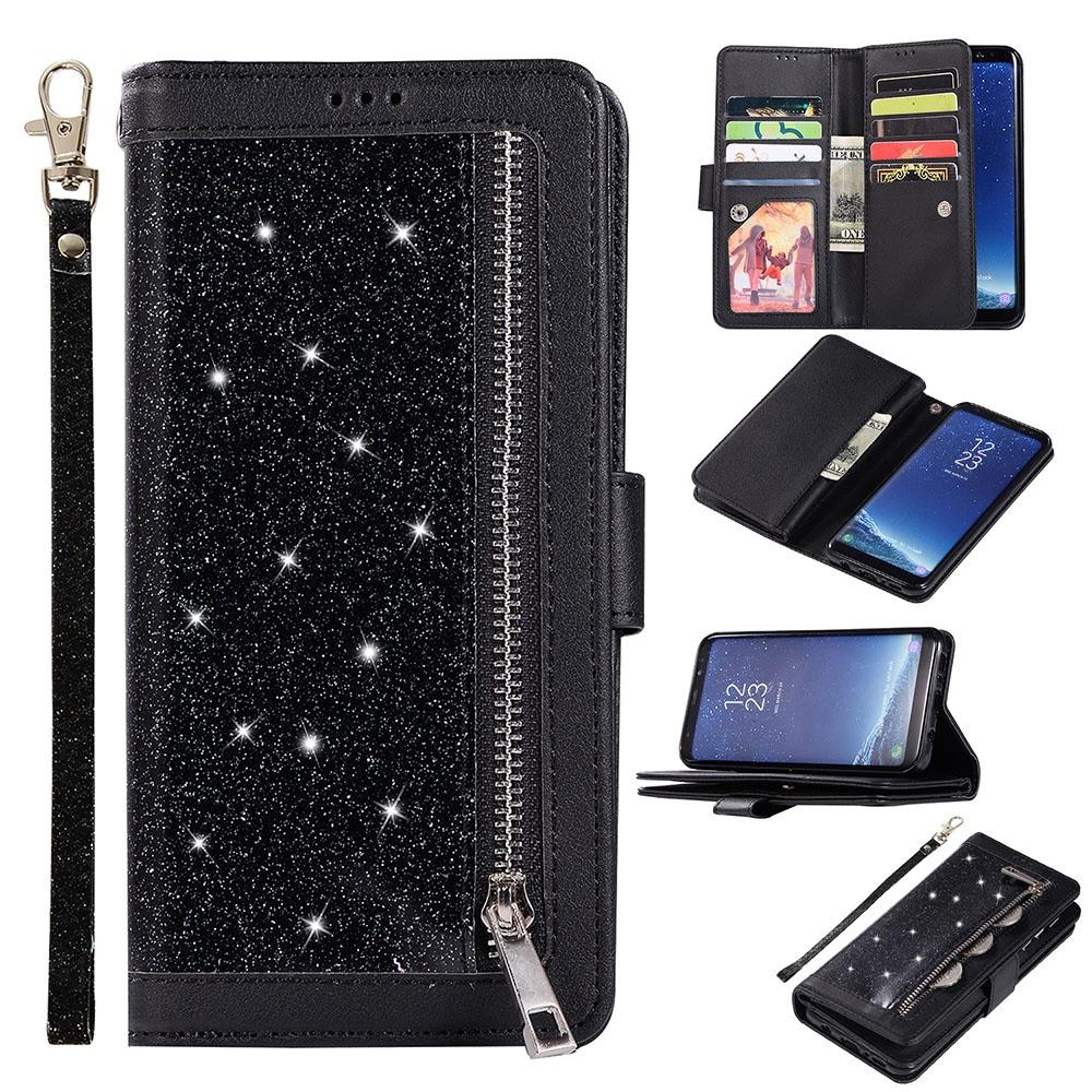 Luxus Reißverschluss Flip Ledertasche 9 Karten Glitzer Brieftasche Abdeckung für Samsung S21 Note20 A50 iPhone 11 12 Mini 12 Pro Huawei P40 iPhone 13 Mini schwarz