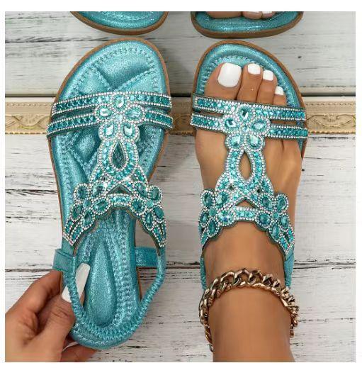 Mode Damen Übergröße hohle Sandalen Mode Strass flache Schuhe Böhmischer Stil bequeme Damenschuhe Sommer lässiger atmungsaktiver Schuh 43 hellblaue