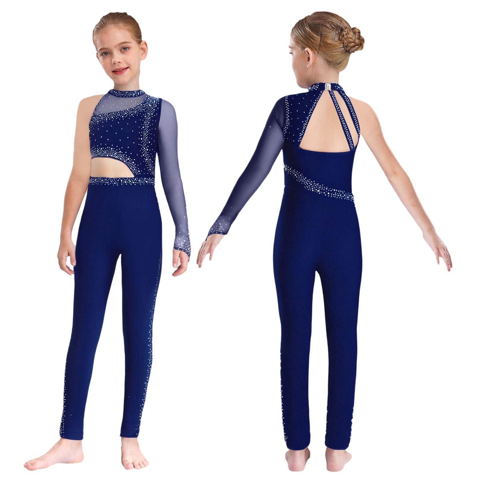Mädchen Ein-Schulter-Gymnastik-Jumpsuit Durchsichtiges Netz Funkelnde Strasssteine Ganzkörper-Leotard Ballett Eiskunstlauf Unitard Kostüme 7-8 Years navy blau