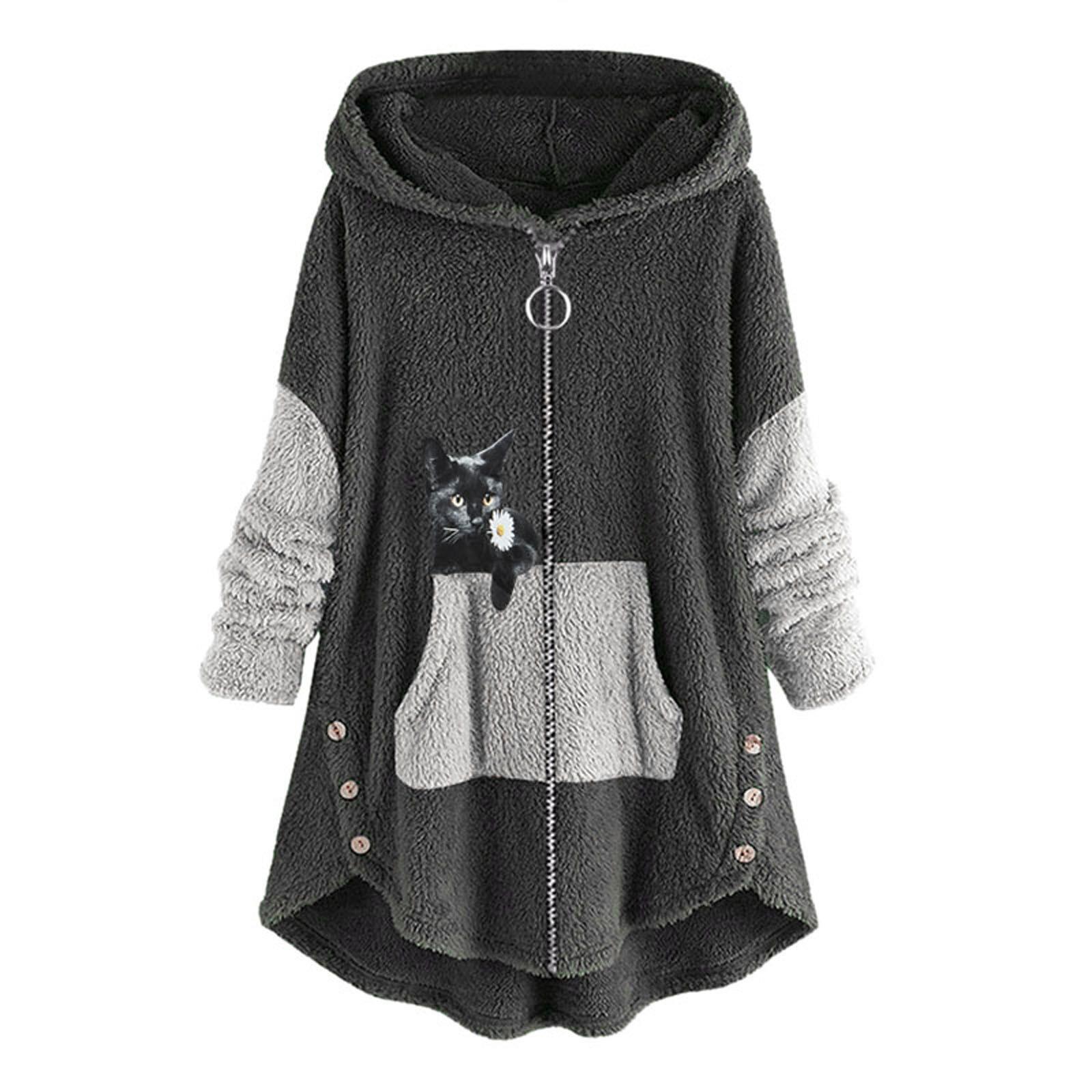 Frauen Mit Kapuze Mantel Winter Plus Samt Langarm Jacken Winter Nette Katzen Ohren Mit Kapuze Unregelmäßige Saum Zipper Jacke Fleece mantel S grau