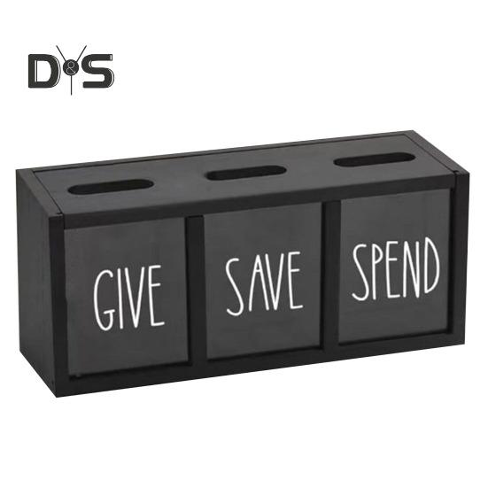 Sparschwein aus Holz, 3-Fächer, Geldspardose, visualisiert mit Geldscheinen und Münzen, Spardose für Kinder und Erwachsene, Schlafzimmer, Büro schwarz