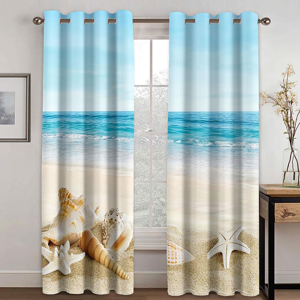 Strand Sonne 3D Vorhänge Seestern Muschel Blaue Vorhänge Schlafzimmer Balkon Fenster Dekorative Vorhänge 2 Paneele 50W130H(CM)X2PCS&Grommet Top
