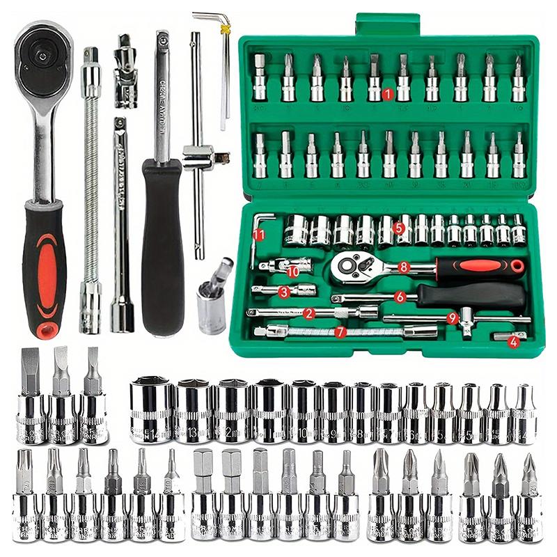 46-teiliges Steckschlüssel-Set, 1/4 Zoll, Ratschenschlüssel-Set mit metrischen Sechskant-Bit-Steckschlüssel-Set, Mechaniker-Werkzeug-Kits für Autoreparaturhäuser