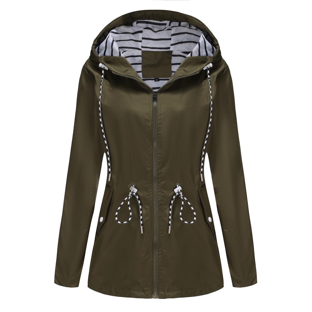 Damen-Windjacke mit Kapuze, Streifen-Kordelzug, wasserabweisende Windjacke, lange Ärmel, übergroßer, lockerer Regenmantel, mittellanger Reißverschluss, winddichte Jacken L grün