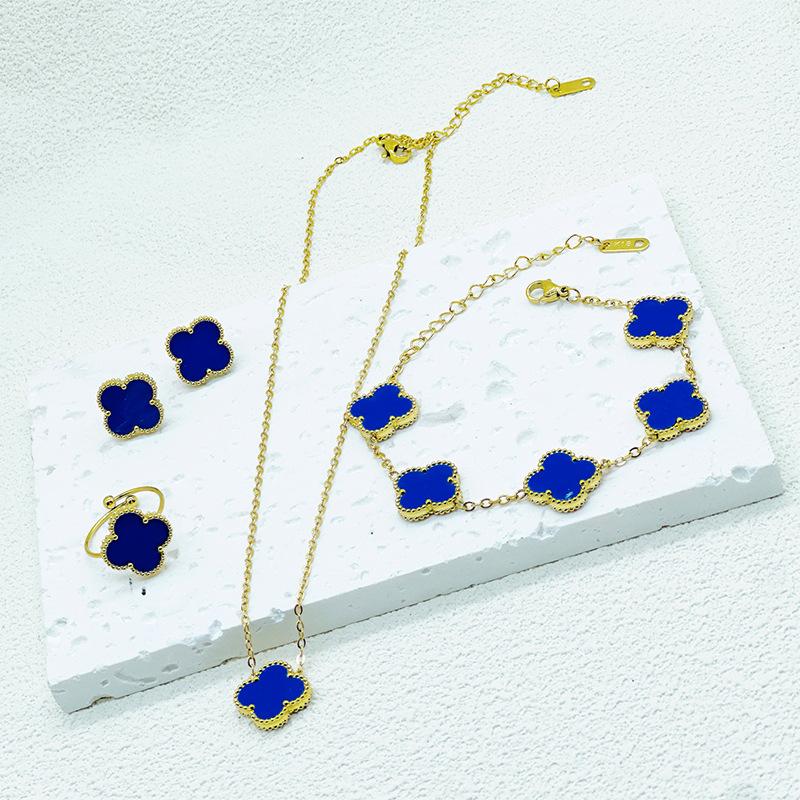4-teiliges Kleeblatt-Armband, Halskette, Ohrringe, Ring, vierteiliges Set, modisches Schmuckgeschenk 4PCS navy blau