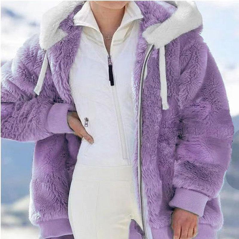 Wintermode Damenmantel Lässig Mit Kapuze Reißverschluss Damenkleidung Kaschmir Damen Fleecejacke Einfarbig Damenmäntel XXXL violett