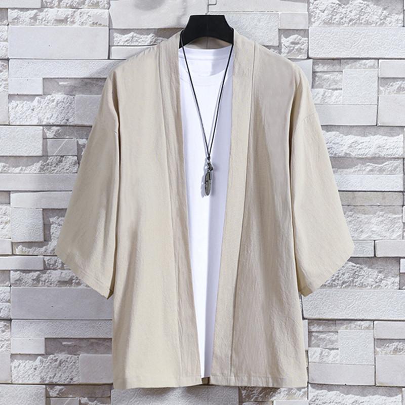 Herren-Kimono mit offenem Stich, japanische Jacken, lässiges Baumwollhemd mit 3/4-Ärmeln, offener Vorderseite, Mantel, leichte Leinenoberteile 5XL khaki