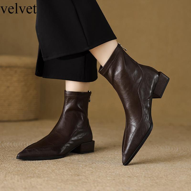 Mode Spitz Elastische Dünne Stiefel Damen 2025 Herbst Winter Neu Dicker Absatz Kurzer Stiefel Damen Retro Brauner Chelsea Boot Mittelhohe Stiefel 39
