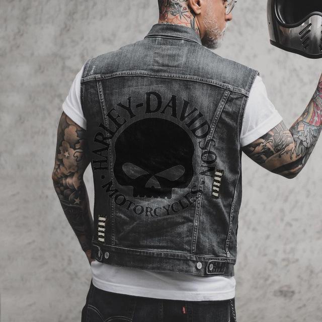 Männer Frühling Und Herbst Neue Straße Ärmellose Weste Motorrad Persönlichkeit Schädel Druck Muster Punk Wind Loch Denim Weste Jacke L dunkelgrau