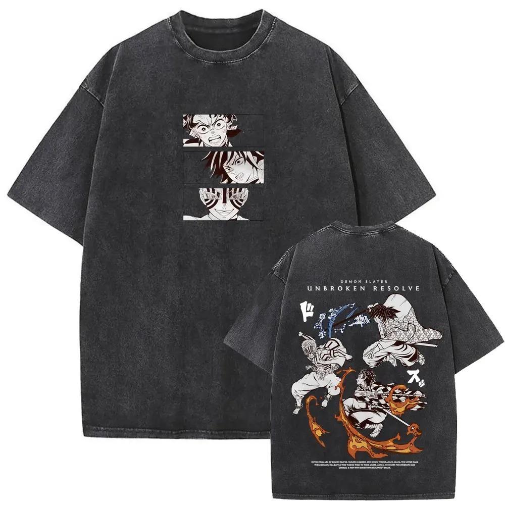 Demon Slayer Kamado Tanjiro Hinokami Kagura Vintage Washed Grafik-T-Shirt, Unisex Oversized Streetwear, Anime Fan Geschenk M bunt