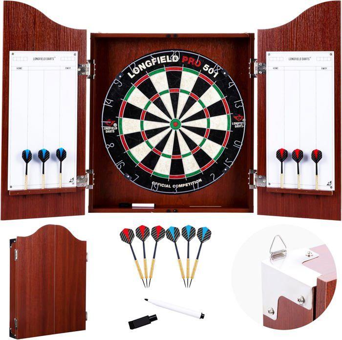 Schrank für Darts aus Holz + Zielscheibe aus Sisal + 2 Sets mit 18 GR-Darts, löschbare Anzeigetafeln mit Filz