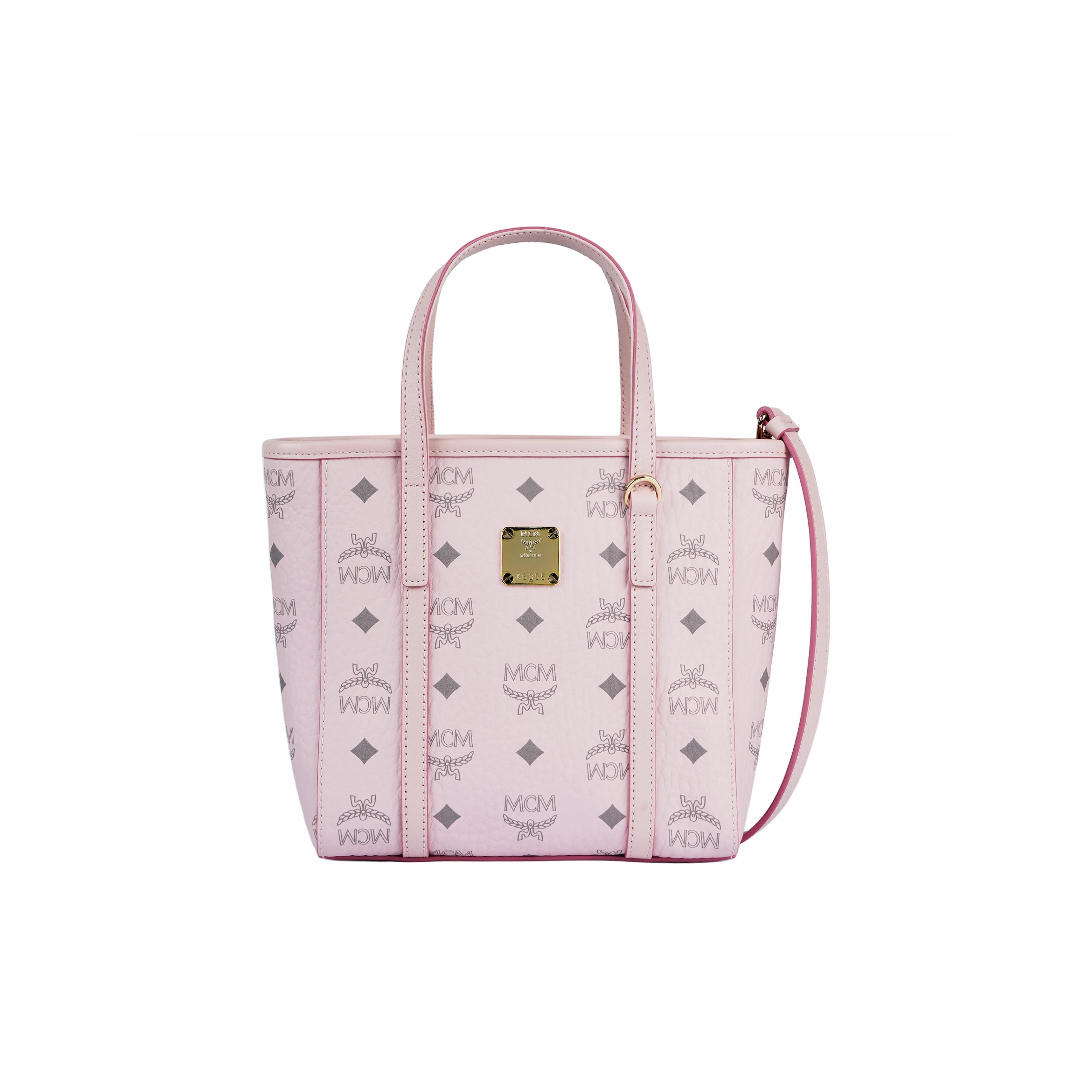 MCM Monogramm Leder-Tragetasche, Einkaufstasche, Umhängetasche, Handtasche, Mini-Damen-Tragetasche, Hellrosa, MWPAATN04QH001 Basic Set (Bag+Dust Bag)