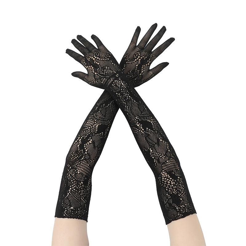 Dünnes Hohlmaschen-Fischernetz Damen Sexy Spitze Floralmuster Lange Handschuhe Cosplay Hochzeitskleid Braut Hochelastisches Netzhandschuhe One Size black