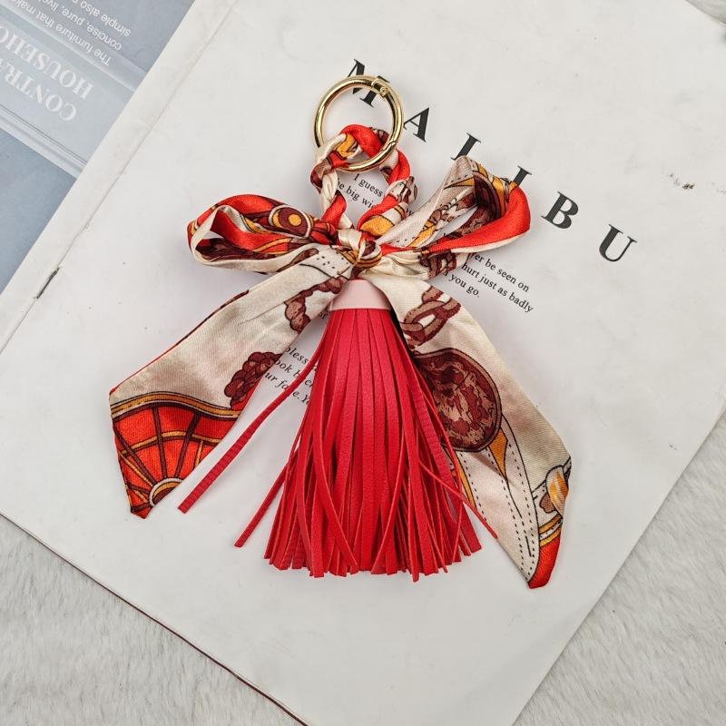 Tier Plüsch-Schlüsselanhänger Mode Frauen Pom Pom Pelz Schlüsselanhänger Schal Leder Quaste Mode Telefon Schlüsselanhänger K1258 rot