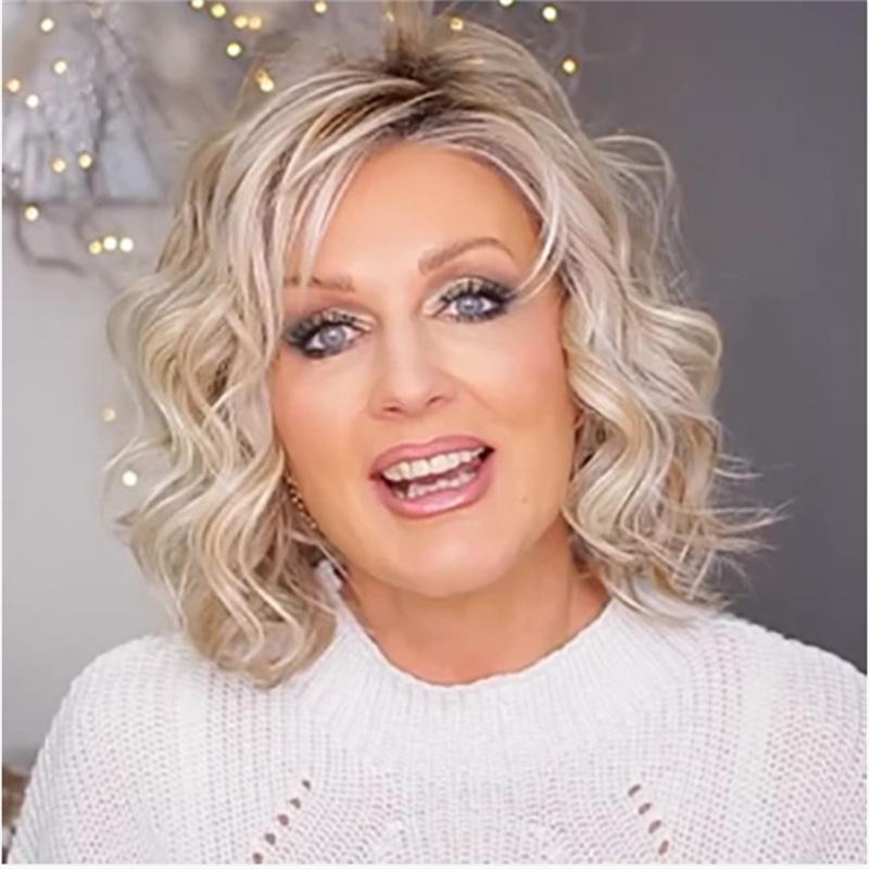 Ombre Blonde Perücken für Frauen Synthetisches Haar Kurze Perücke mit Pony für Mutter Alltagskleidung Natürliche Frisuren Mami-Perücke Lässiger Stil