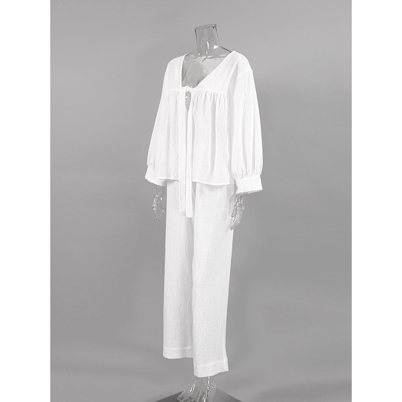 Baumwolle 2 Stück Sets frauen Nachtwäsche Drei Viertel Sleeve V-ausschnitt Spitze Up Pyjamas Lose Hosen Anzüge Weiblichen nachtwäsche M weiß