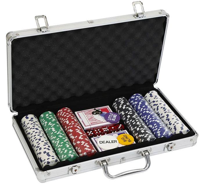 Pokerset – Silbernes Metallgehäuse – 300 Chips à 11,5 g – inklusive Zubehör – tragbar – elegant
