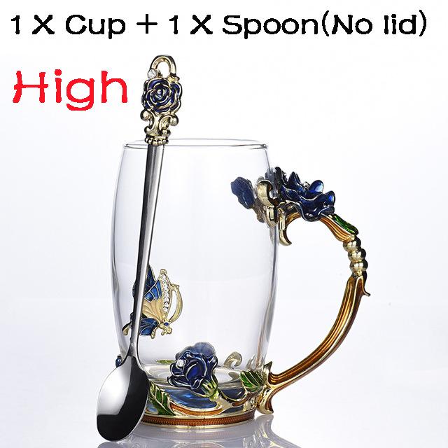 Schönheit und Neuheit Emaille-Kaffeetasse, Becher, Blumen-Teeglas, Tassen für Getränke, Teetasse, Löffel-Set, perfektes Hochzeitsgeschenk Without lid dunkelblaue