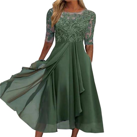 O-Ausschnitt Halb Elegent Beauty Lady Kleid Flowy Saum Brautjungfer Chiffon Patchwork Kleid Elegante Häkelspitze Ärmel Unregelmäßiges Gast Midi Kleid S grün