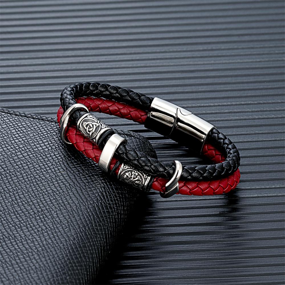 Vintage Wikinger Kompass Mehrschichtiges Echtes Leder Armband Herren Edelstahl Nordische Runen Valknut Armreif Skandinavischer Schmuck 21cm rot