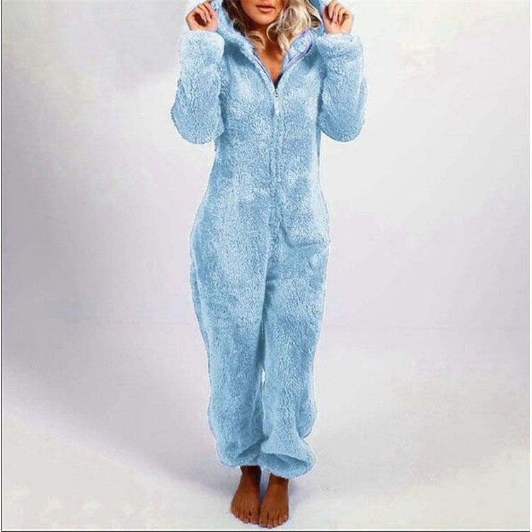 Modischer Onesies-Schlafanzug aus Fleece, Nachtwäsche, Overall, Übergröße, Kapuzen-Set, Schlafanzug für Damen und Erwachsene, für den Winter, warmer Pyjama für Damen L hellblaue