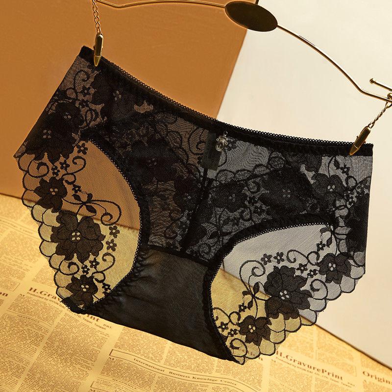 Frauen Sexy Spitze Höschen Weibliche Unterhose Atmungsaktive Dessous Versuchung Transparent Dessous Unterwäsche XL schwarz