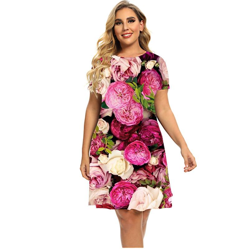 3D Rosa Rose Floral Print Kleider Frauen 2023 Mode Sommer Blume Thema Kurzarm Kleid Streetwear Lose Plus Größe Kleidung 3XL