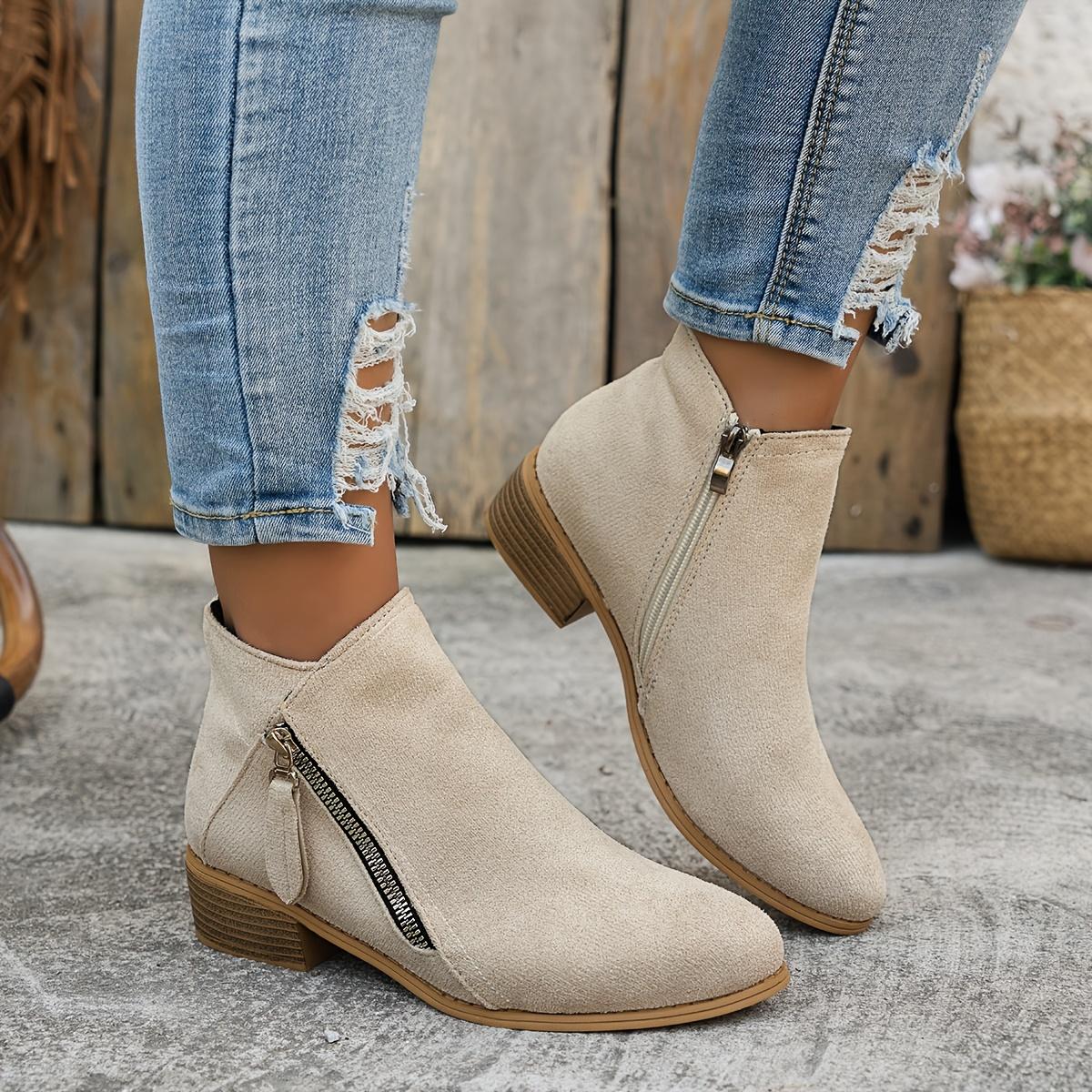 [Modische Stiefeletten] Bequeme Damen-Stiefeletten | Spitze Zehenpartie, Mittelhoher Absatz, Reißverschluss, Ganzjahres-Stiefeletten 41 beige