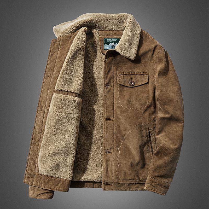 Herren LooseJacket Dicke Fleecejacken Lässiger Mantel mit mehreren Taschen Einfarbig Warm Langarm Einreihiger Mantel M khaki