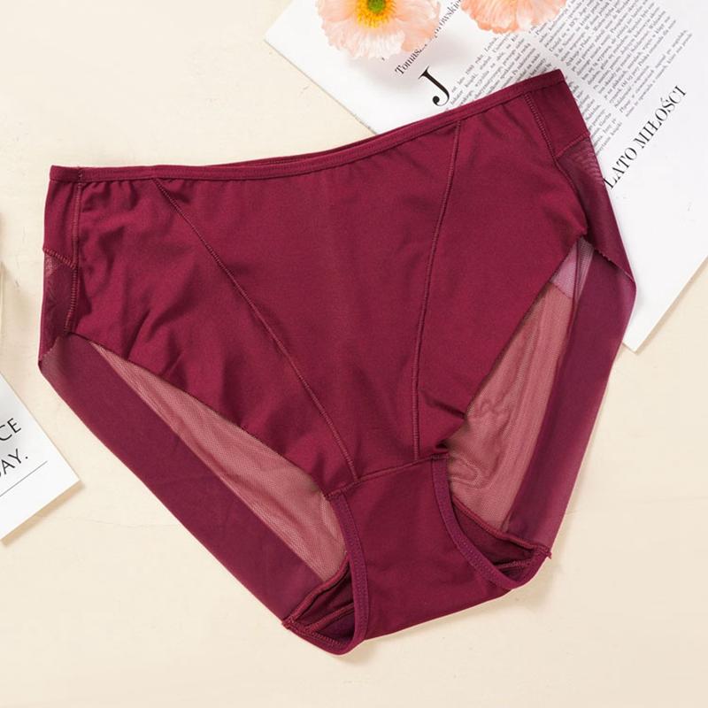 Einfache nahtlose atmungsaktive Ice Silk Hollow Mesh Damenunterwäsche Mid-Waist Slips Sexy und bequeme Unterwäsche L wein rot