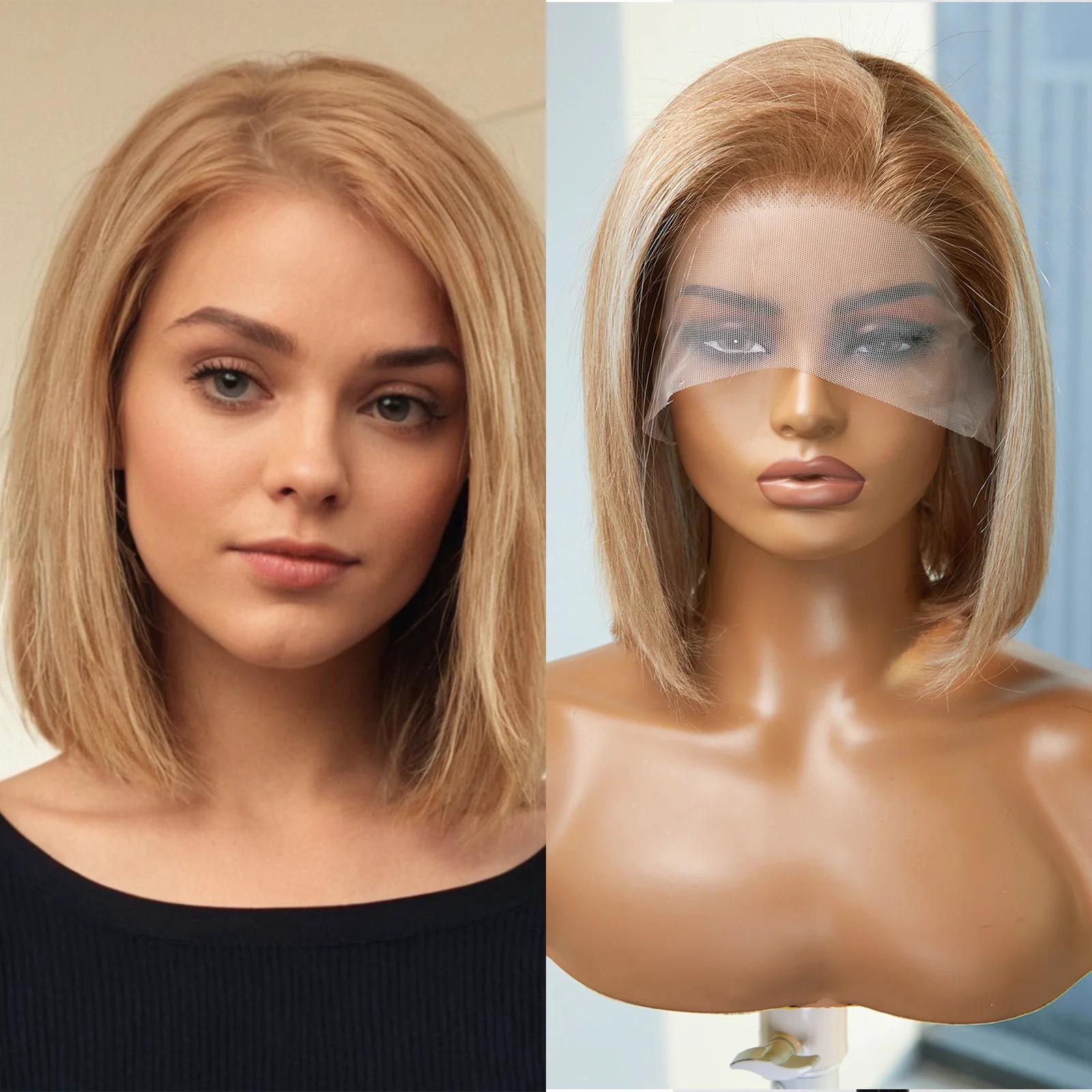 HAIRCUBE Kurzer Bob, glattes Echthaar, Lace-Frontal-Perücke, braune Highlights, blonde Remy-Echthaar-Perücken, vorgezupfte Lace-Front-Perücke für Frauen brown