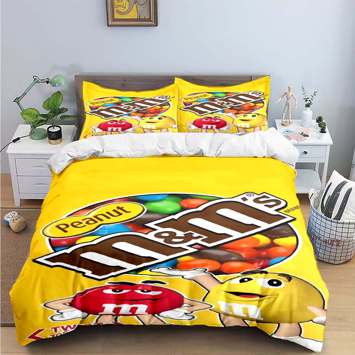 Modische M&M Schokoladen Logo Print Bettwäsche Sets Exquisites Bettwaren Set Bettbezug Bettdecke Set Bettwäsche Set Luxus Geschenk EU Single(135*200cm)3pcs yellow