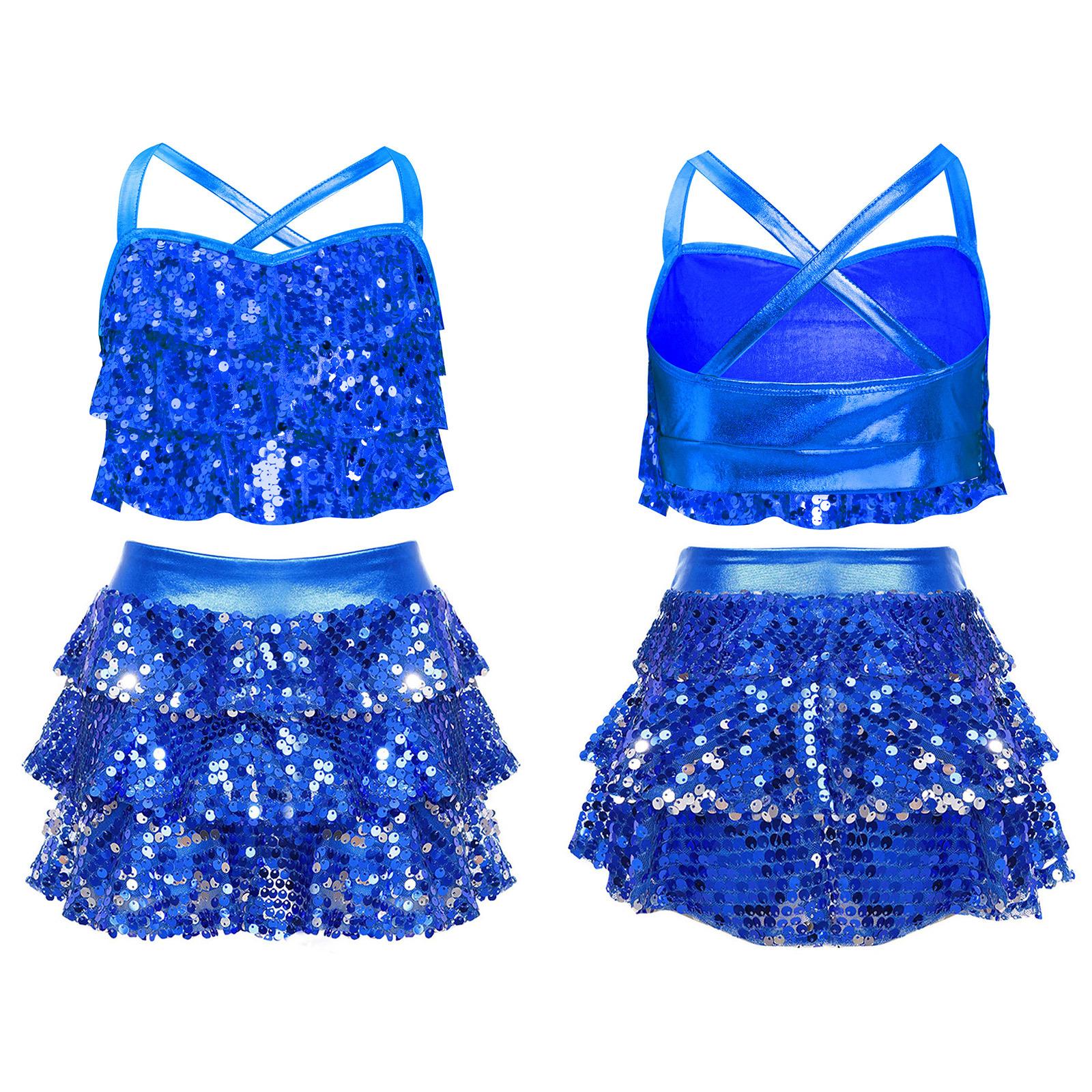 Mädchen Pailletten Jazz Tanz Outfit Kostüm Glänzendes Metallic Crop Top mit gestuftem Unitard Rock Schul Basketball Cheerleading Kostüm 5-6 Years blau