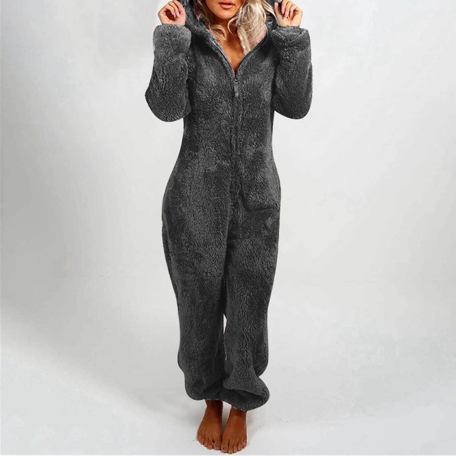 Modischer Onesies-Schlafanzug aus Fleece, Nachtwäsche, Overall, Übergröße, Kapuzen-Set, Schlafanzug für Damen und Erwachsene, für den Winter, warmer Pyjama für Damen XXXXXL dunkelgrau
