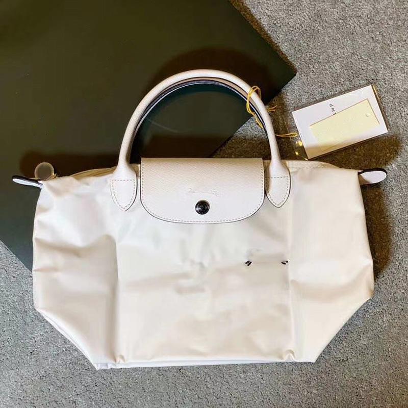 Neue Designer-Tasche Nylon Damen Handtaschen mit Logo Knödel Strandtasche Luxus-Marken-Einkaufstaschen mit Ledergriff Tragetaschen S 28cm weiß