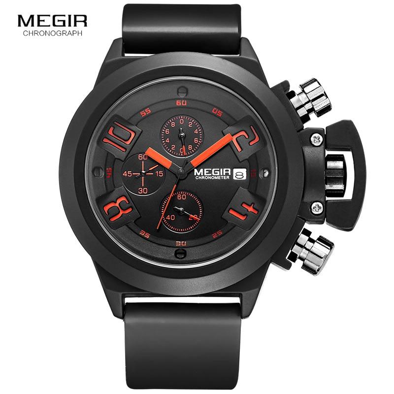 Megir Fashion Herren-Armbanduhr mit Silikonband, Sport-Quarz-Armbanduhr, Analoganzeige, Chronograph, schwarze Uhr für Herren mit Kalender, 2002 schwarz