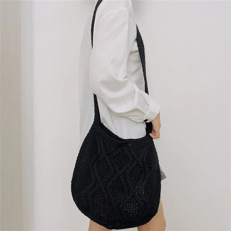 Häkeln Damen Umhängetaschen Damen Designer Gestrickte Handtaschen Tragetasche Sommer Strand Boho Tasche Geldbörsen Shopper Umhängetasche KTY 28x9x30cm schwarz