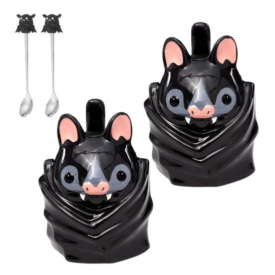 Fledermaus Auf dem Kopf Geformte Tasse Niedliche 3D Fledermaus Keramik Kaffeetasse mit Schwanzgriff Lustige Neuheit Tier Tasse Geschenk für Gotische Heim- und Bürodekoration 2pcs B
