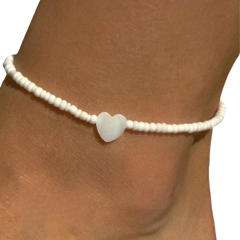 Bohemian Sommer Weiß Perlen Fußkettchen für Damen Zartes Herz Muschel Fußschmuck für Strand Reisen Urlaubsgeschenk one size brown