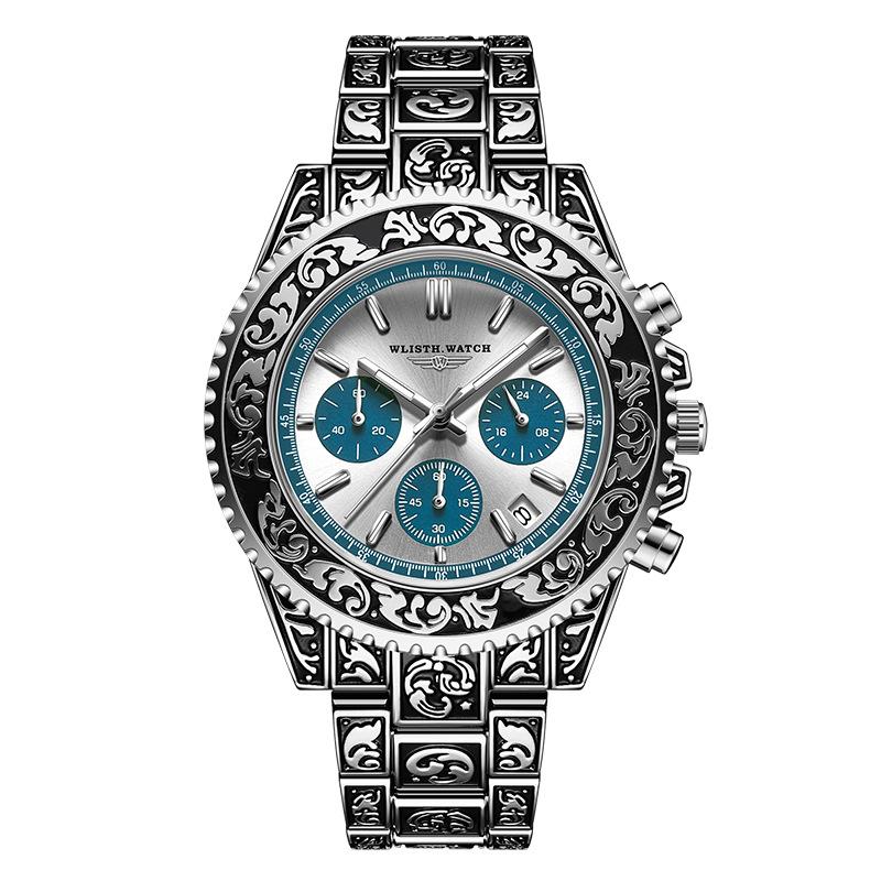 Neue Herren Luxus Business Uhren Wasserdicht Edelstahl Uhr Chronograph 6 Zeiger Retro Serie Leuchtende Quarzuhren für Herren Relogio blau