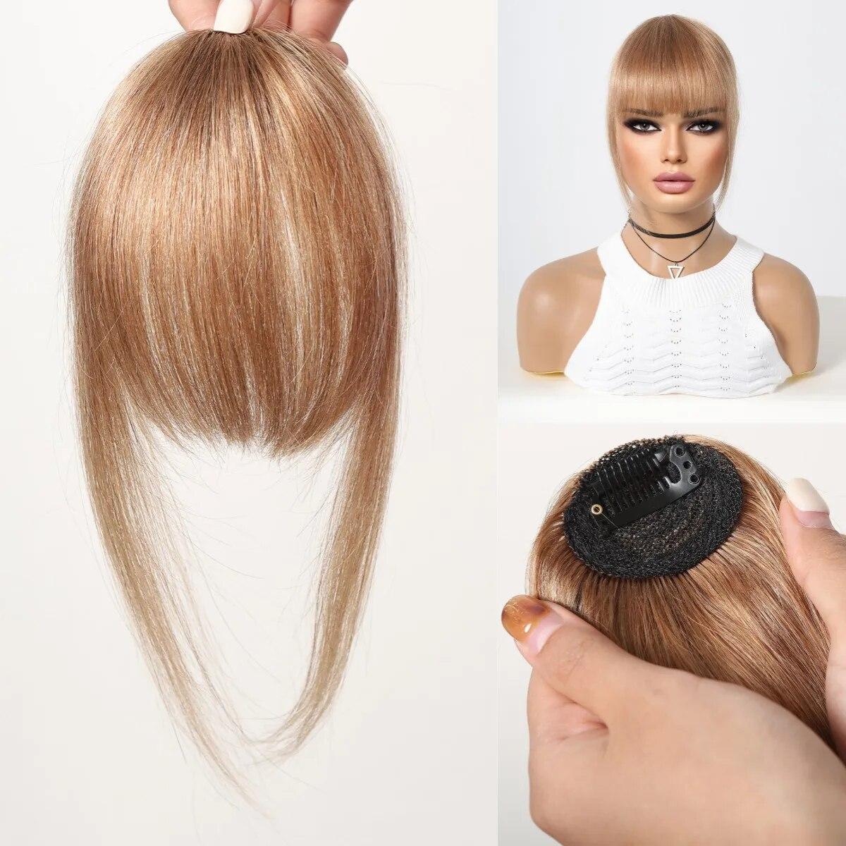 HAIRCUBE 100 % Echthaar-Pony-Overhead-Clip-in-Haarverlängerungen, braune Naturhaare, zarte Pony-Fransen-Haarteile für Frauen in Air Bangs beige