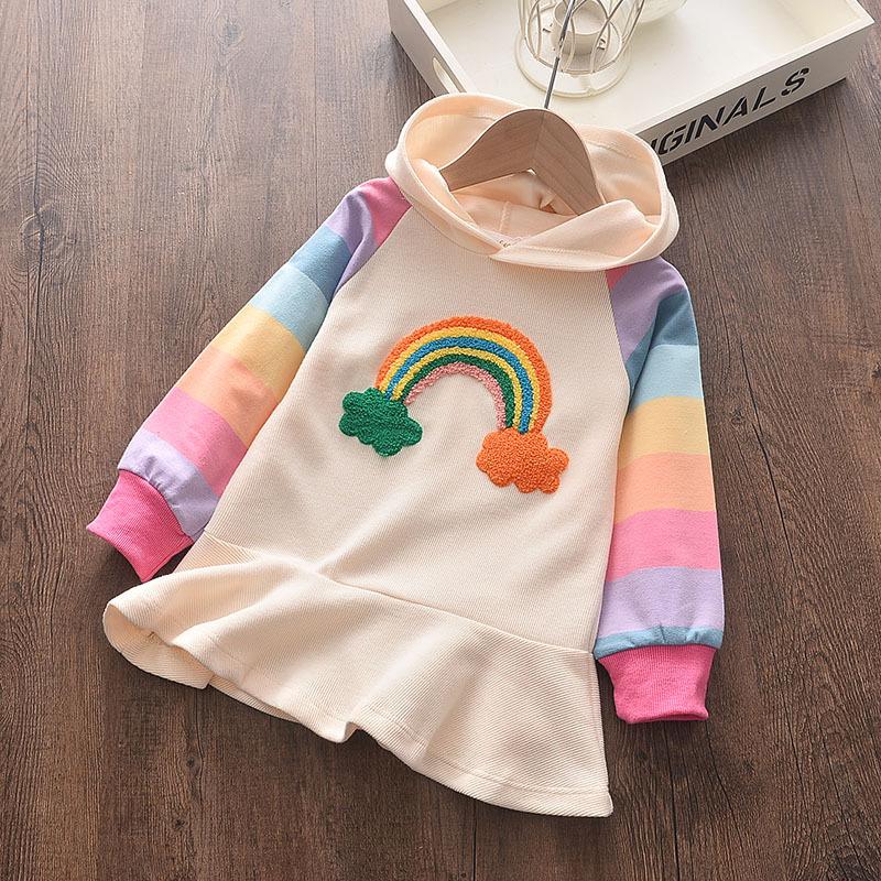 Frühling Herbst Mädchen Party Prinzessin Kleid Gestrickte Regenbogen Bunte Kinder Mädchen Kleider Süße Kapuzenpullover Kinder Kleidung 5T weiß