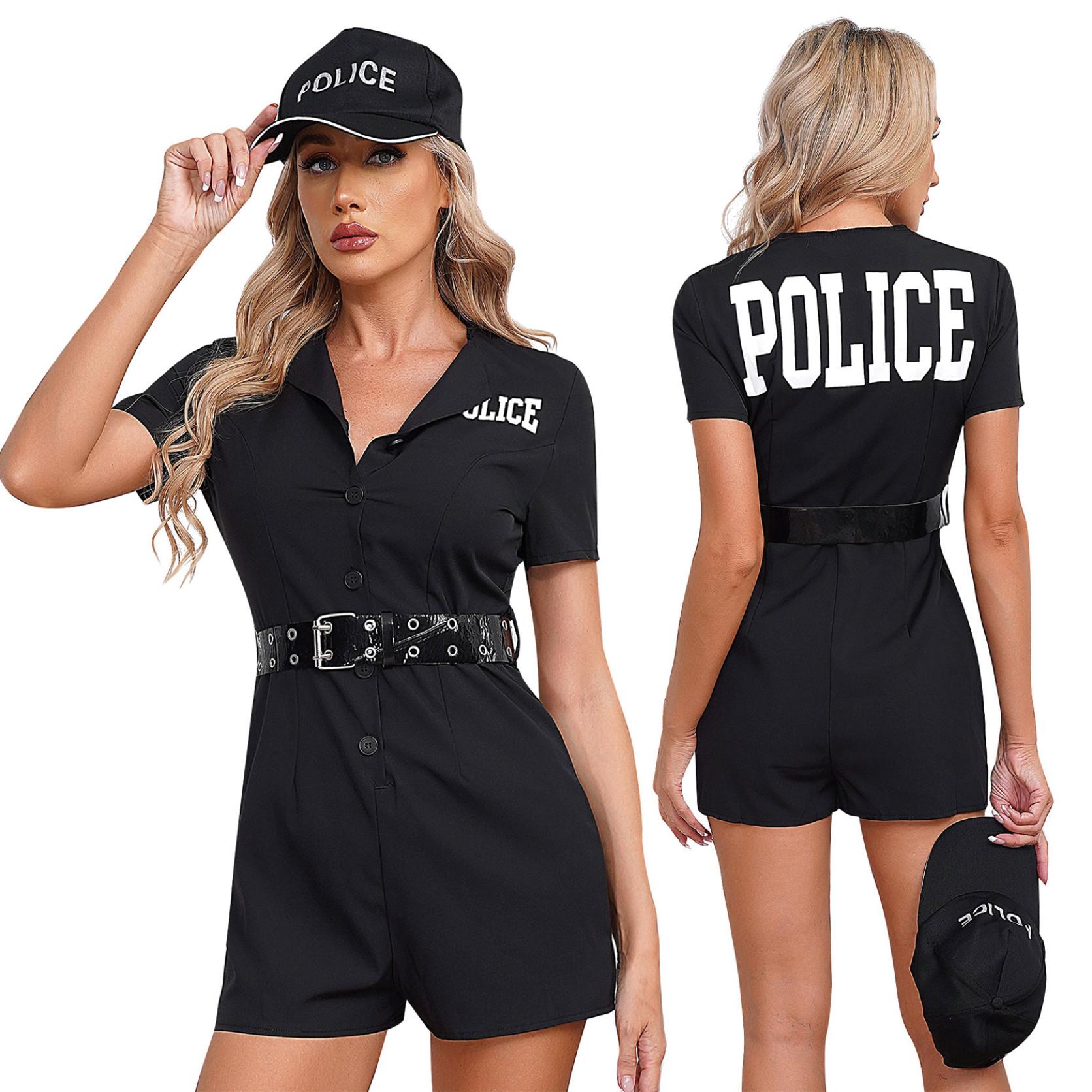 Frauen Polizist Uniform Cosplay Outfits Sexy Polizei Kostüm Overall Körper mit Hut Zubehör Maskerade Karneval Kostüm 3-teilige Uniform Versuchung M schwarz