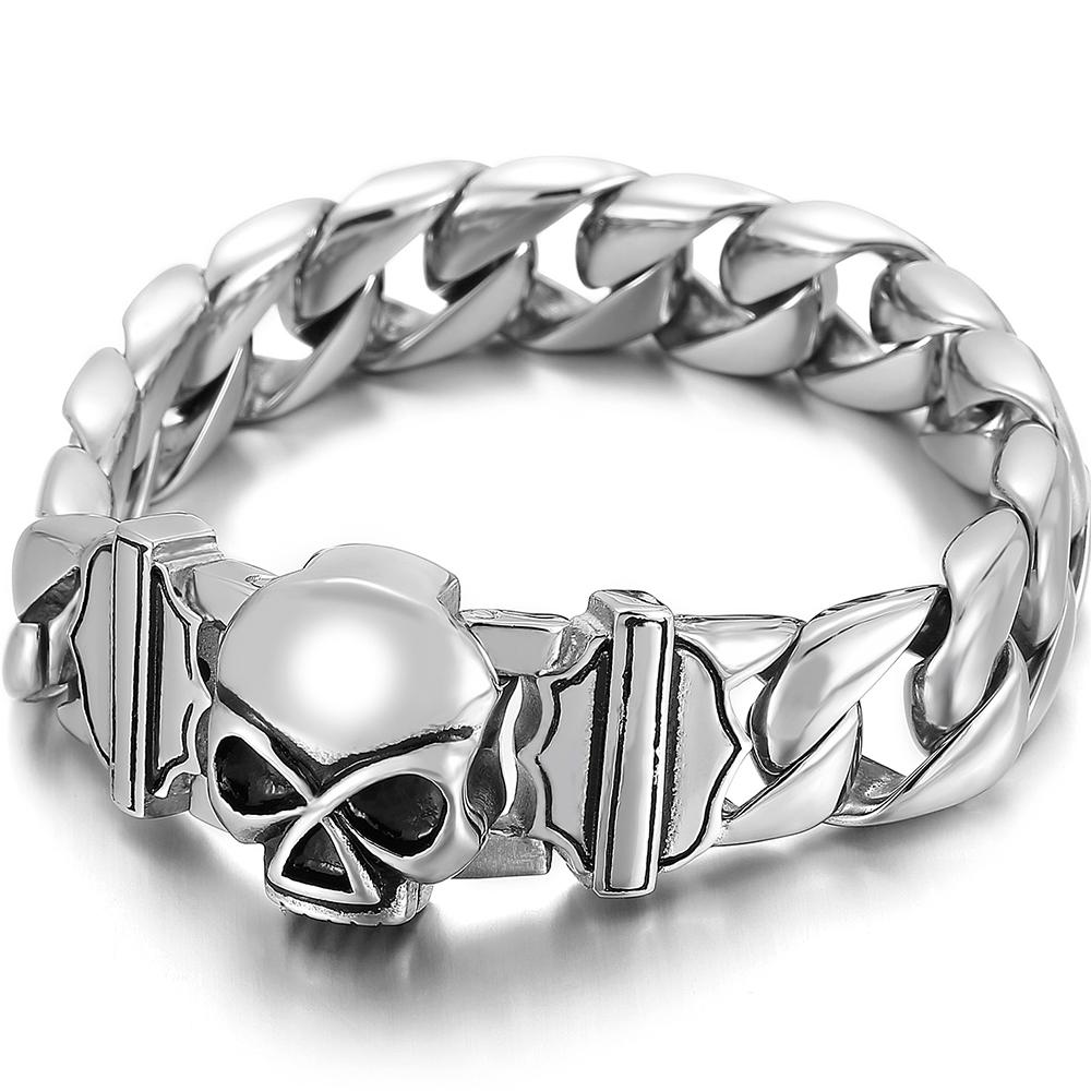 Gothic Schädel Herrenarmband 15MM Breite Polierter Edelstahl Cubanische Gliederkette Hip Hop Streetwear Biker Schmuck 21.5CM silber